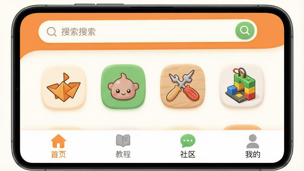 һ��չʾ�������ɽ���APP��������ֻ���ͼ�����沼�����������������������м��Ƿ���ͼ�꣨��ֽ�������ľ�������ӻ�ľ�����ײ��ǡ���ҳ�����̡̳������������ҵġ��ĸ�ѡ��������������죬��ů��ɫΪ��ɫ�������ɫ����ɫ��׺��ͼ��Բ��ɰ������ʸɾ��޶���Ԫ�ء�