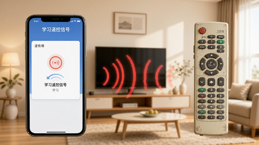 智能遥控开空调App的学习功能演示图,画面左侧是手机屏幕显示“学习遥控信号”界面,右侧是一款老式空调遥控器,两者之间有红外线波形示意,背景为现代简约的客厅,整个画面采用暖色调,画质干净无多余元素