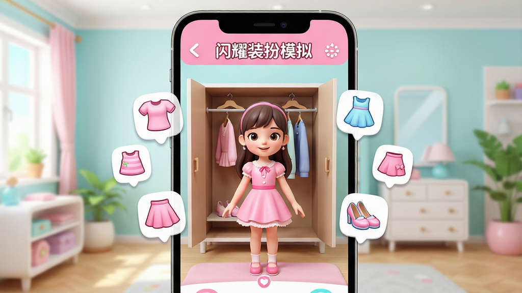 一张明亮的室内场景图,主体是手机屏幕特写,屏幕中显示“闪耀装扮模拟”的游戏主界面,一个穿着粉色连衣裙的3D卡通女孩站在衣橱前,周围漂浮着上衣、裙子、鞋子等服装图标,界面布局清晰,排版整齐,风格清新可爱,细节精致,画质高清干净无多余元素。
