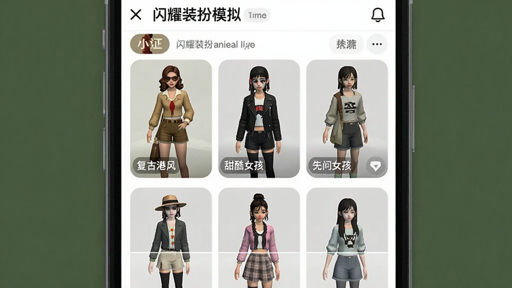 一张手机社交界面截图风格的图片,屏幕顶部显示“闪耀装扮模拟”社区页面,下方是九宫格穿搭分享卡片,每张卡片上都有一个穿着不同风格服装的虚拟模特,配文有“复古港风”、“甜酷女孩”等标签,界面布局类似小红书,风格简约现代,画质清晰干净无多余元素。