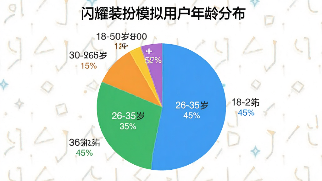 一张饼状图,标题为“闪耀装扮模拟用户年龄分布”,图中显示18-25岁占45%,26-35岁占35%,36-50岁占15%,50岁以上占5%,饼图配色鲜艳,布局清晰,风格简约扁平,画质干净。