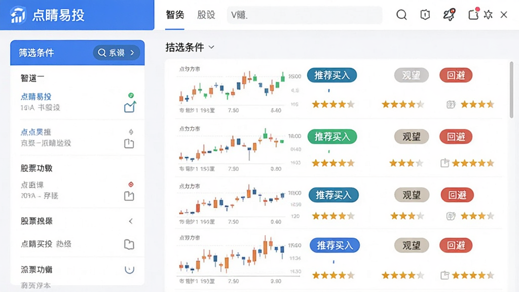 ��������Ϊ���㾦��Ͷ��������ѡ�ɹ��ܽ��棬����Ϊ���ҷ����������ɸѡ������壬�Ҳ��ǹ�Ʊ����б���ÿֻ��Ʊ���С��Ƽ����롱���������������رܡ��ȱ�ǩ�������ֱ�ۣ�����ɫ����ϸ�ڰ���K��Сͼ�������Ǽ������ʸɾ��޶���Ԫ�ء�