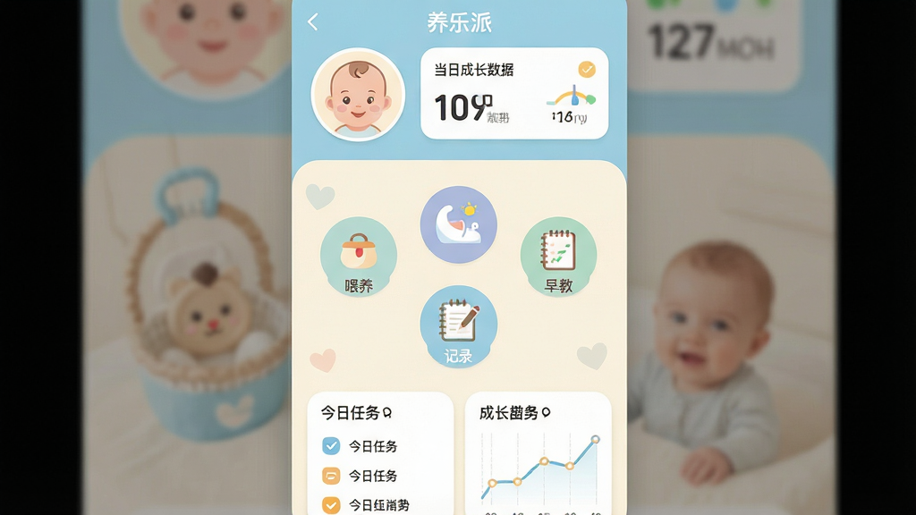 一张展示养乐派App主界面的高清截图,界面以柔和的浅蓝色和米白色为主色调,顶部显示宝宝头像和当日成长数据卡片,中间是圆形功能按钮排列(喂养、睡眠、早教、记录),底部为今日任务和成长曲线图表,整体风格简洁温馨,扁平化设计,图标圆润可爱,画质干净无多余元素,文字标签清晰可读。