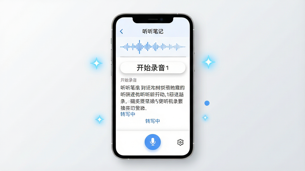 主体:一部智能手机屏幕显示“听听笔记”App的主界面,界面简洁现代,以白色为底色,顶部有录音波形图,中间是实时转写的文字段落,底部有麦克风按钮和设置图标;布局:手机居中,背景为浅灰色渐变,四周留白,画面干净;排版:手机屏幕内的文字清晰可读,标题“听听笔记”采用圆体字;风格:扁平化设计,色彩清新(蓝白主色调),带轻微阴影;细节:屏幕上有“开始录音”按钮和“转写中”状态提示,周围有几点淡蓝色装饰光效;画质:高清渲染,干净无多余元素。