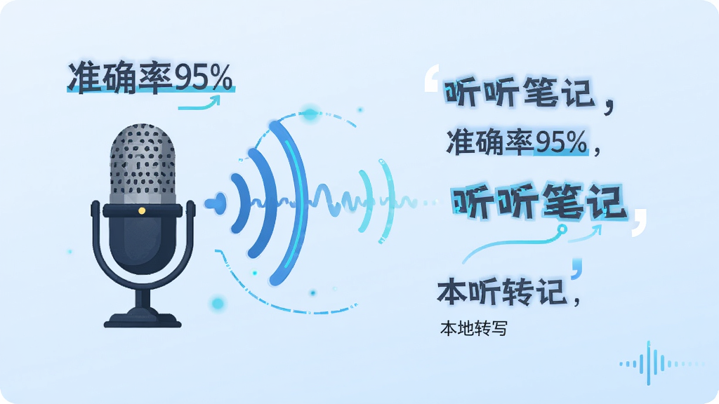主体:一个麦克风图标正在将声波转化为文字符号“听听笔记”,旁边有“准确率95%”的标注;布局:左侧是麦克风与声波图形,右侧是几行文字段落,背景为浅蓝色渐变;排版:文字段落清晰,有标点符号高亮;风格:科技感插画,线条流畅;细节:声波线条粗细变化,文字下方有“本地转写”小字;画质:高清矢量风格,干净无多余元素。