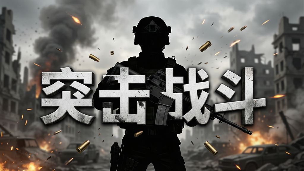 游戏主视觉图,画面中央是手持突击步枪的士兵剪影,背景是硝烟弥漫的城市废墟,主体突出“突击战斗”四个大字作为游戏标题,布局采用居中对称,排版简洁有力,风格写实硬朗,细节包含弹壳飞溅和火光特效,画质高清干净,无多余元素。