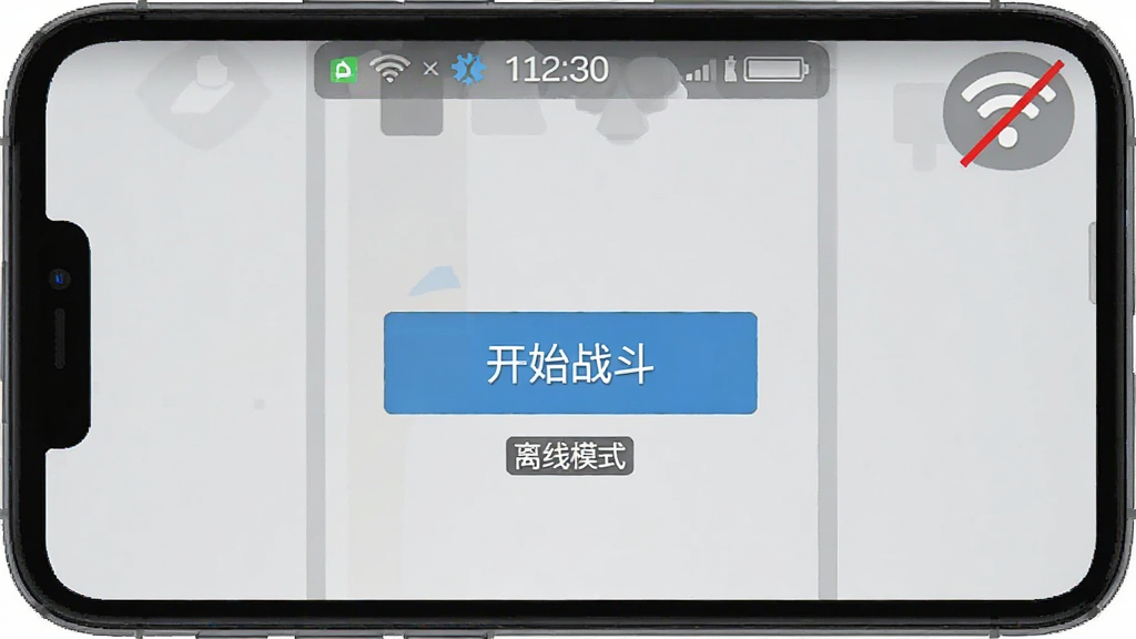 手机屏幕显示游戏离线主界面,右上角有WiFi图标带斜杠表示断网,界面中央是“开始战斗”按钮,下方有“离线模式”标签,布局简洁,排版清晰,风格扁平化,细节有电量和时间显示,画质干净,无多余元素。