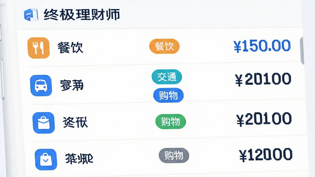 主体:终极理财师APP的智能账单分类功能界面,展示自动分类后的账单列表。布局:左侧为账单图标和名称,右侧为金额和分类标签。排版:列表式布局,分类标签用不同颜色区分。风格:简洁清新,白底蓝字。细节:分类标签显示“餐饮”“交通”“购物”等字样,金额数字醒目。画质:干净清晰,无多余元素。