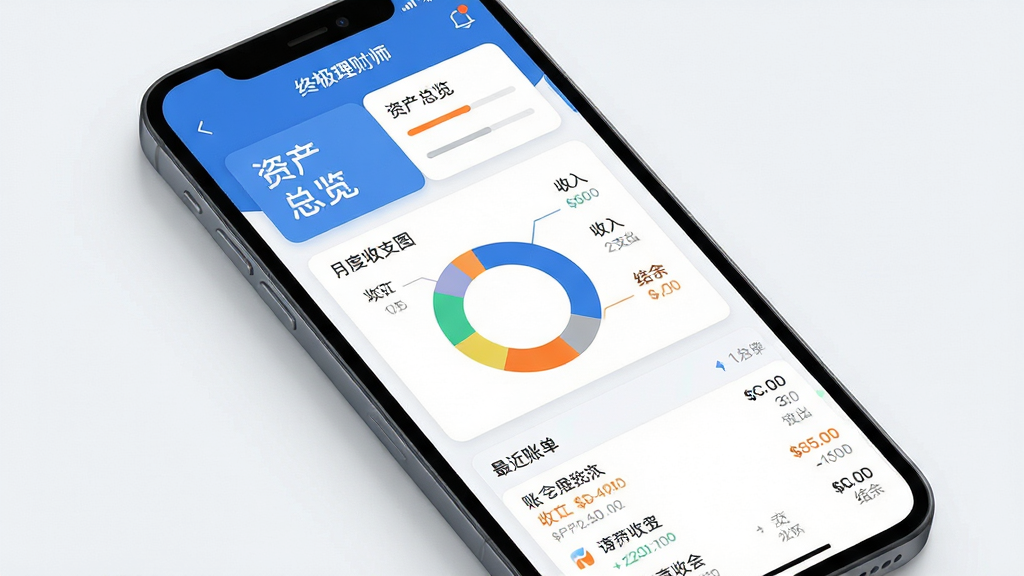 主体:终极理财师APP的完整主界面展示,手机屏幕内显示资产总览、月度收支图表、最近账单列表。布局:顶部为资产总览卡片,中间为彩色环形统计图,底部为账单明细列表。排版:简洁的卡片式布局,信息层级分明。风格:现代扁平化设计,蓝白主色调,搭配橙色强调色。细节:界面文字清晰,图表数据标注“收入”“支出”“结余”。画质:高清渲染,干净无多余元素。