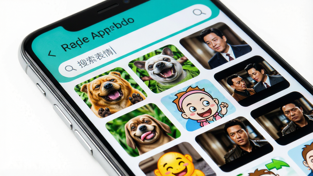 一张智能手机屏幕特写,屏幕中显示“免费表情包”APP主界面,界面布局清晰,顶部搜索栏写着“搜索表情”,下方是瀑布流表情缩略图,包含各种搞笑动物、卡通人物和影视剧截图表情,界面风格简洁明快,色彩鲜艳,手机背景是干净的纯白色,画质高清,细节丰富,无多余元素。