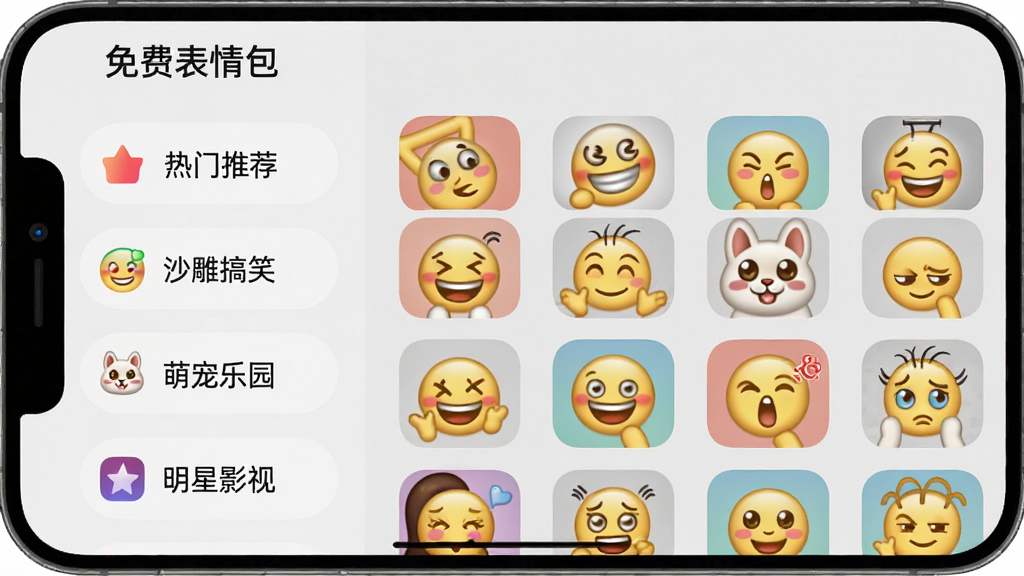一张横屏手机界面截图,展示“免费表情包”APP的表情分类列表,左侧是分类栏,包含“热门推荐”、“沙雕搞笑”、“萌宠乐园”、“明星影视”等标签,右侧是各个分类下的代表性表情缩略图,界面设计扁平化,图标圆润,背景为浅灰色,画质干净,无多余元素。