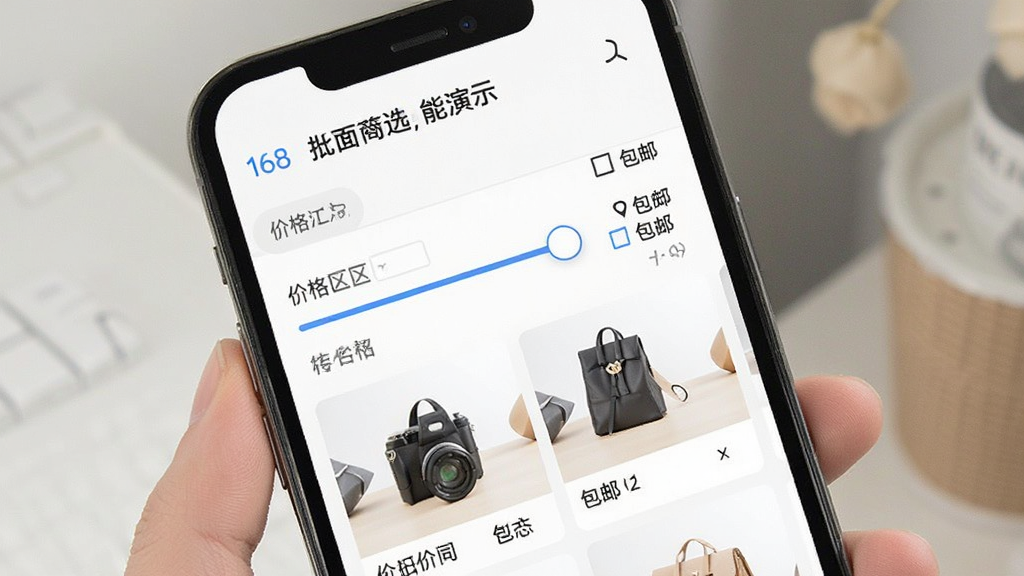168特价批发商品筛选功能演示,主体为手机屏幕,布局显示筛选条件栏和商品列表,排版清晰,风格简洁,细节包含价格区间滑块和“包邮”复选框,画质干净