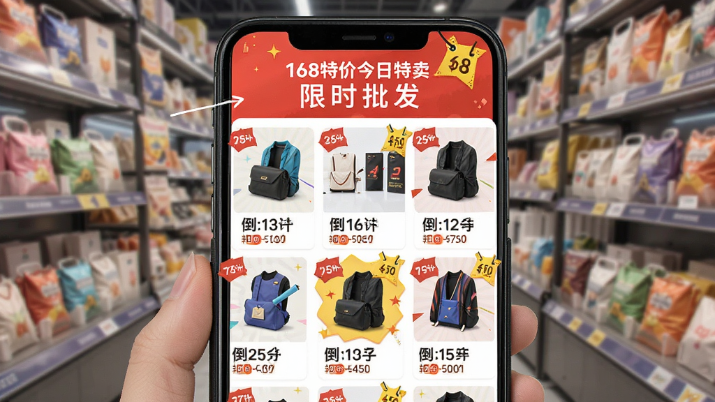168特价批发今日特卖页面,主体为手机屏幕,布局为网格卡片式,风格活泼,细节显示“限时抢购”倒计时和折扣标签,画质清晰