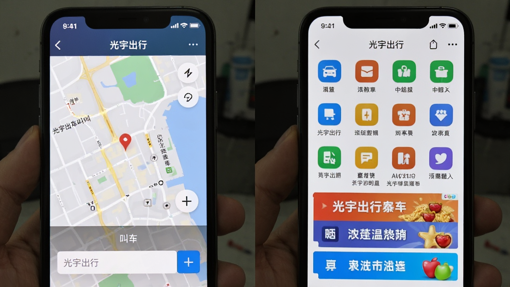 手机截图对比图,左边是“光宇出行”的叫车界面,只有简洁的地图和输入框,右边是其他出行软件复杂的界面,有许多图标和广告横幅,形成鲜明对比,突出“光宇出行”的简洁风格,画质清晰,无多余元素