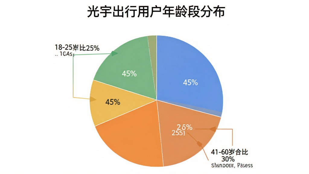 一张饼状图,标题为“光宇出行用户年龄段分布”,图中显示18-25岁占比25%,26-40岁占比45%,41-60岁占比30%,图表配色清晰,样式现代,背景干净,无多余元素
