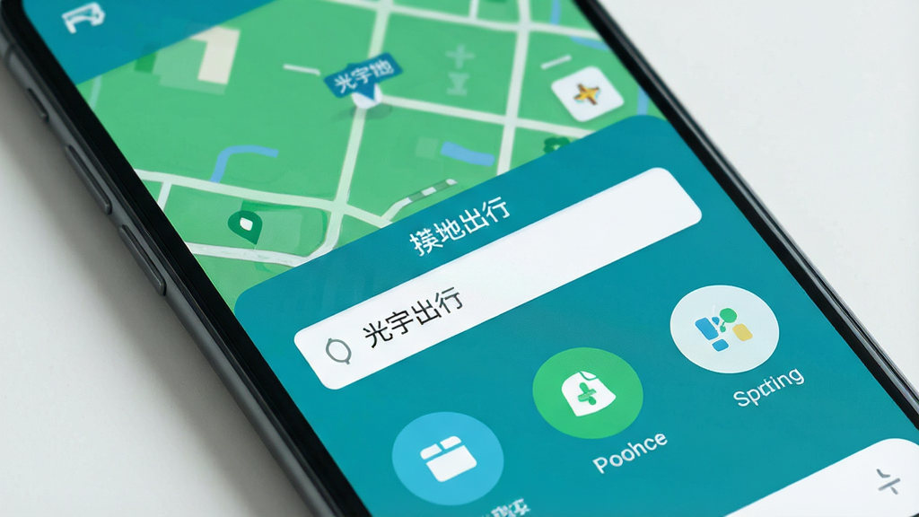 一张智能手机屏幕的特写,屏幕上显示“光宇出行”APP的主界面,界面简洁,上方是绿色的地图,中间有白色的目的地输入框,下方是几个圆形的功能图标,整体风格现代扁平,以蓝绿色调为主,画质干净,无多余元素,突出app的清爽和易用性