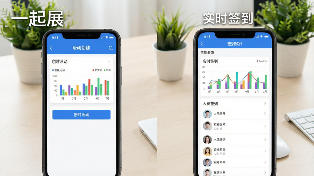 һ�š�һ��չ��App���ܽ���չʾͼ������ǻ����ҳ�棬�Ҳ���ǩ��ͳ�ƿ��壬��Ļ���в�ɫ����ͼ������Ա�����б���������ǳɫ�칫���棬������ֲ���������������������ֱ�ע����������͡�ʵʱǩ���������ʸɾ���ͻ����һ��չ���������޶���Ԫ�ء�