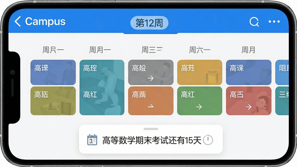 һ���ֻ���ͼ����ʾ��Campus��App�Ŀα�ҳ�棬����Ϊ��λ�������пγ̿飬��ͬ��ɫ���ֲ�ͬ��Ŀ�������С���12�ܡ��ı�ǩ���·���ʾ���롰�ߵ���ѧ��ĩ���Ի���15�족�ĵ���ʱ��Ƭ�����������ۣ�������ɫ�����ʸɾ����޶���Ԫ�ء�