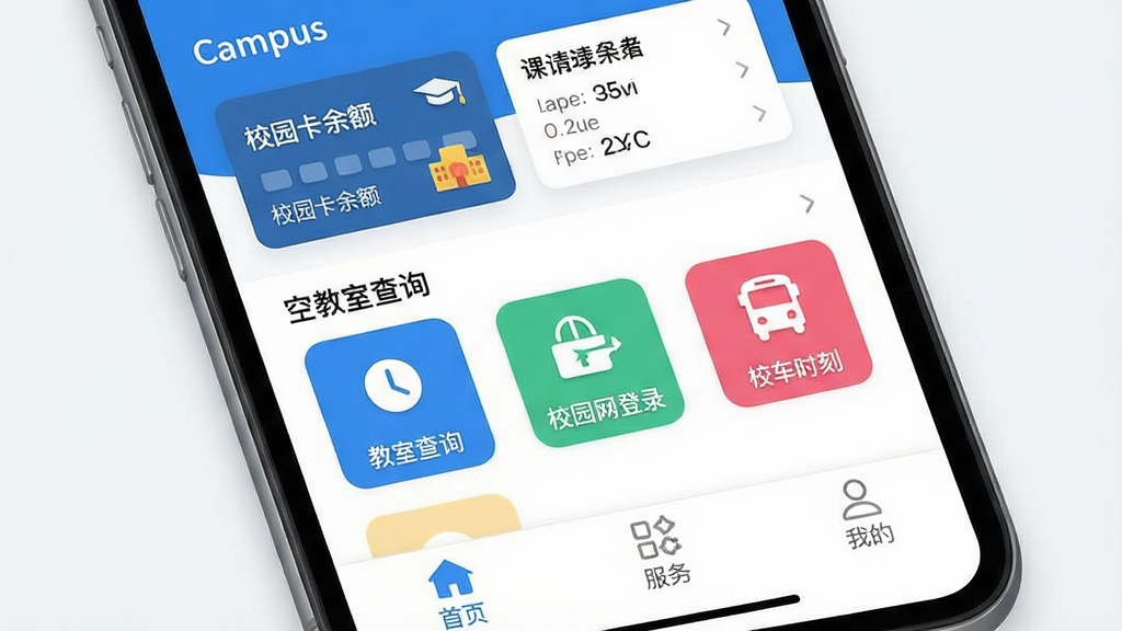 һ���ֻ���Ļ��ͼ����ʾ��Campus��App�������棬������У԰�����Ϳα���Ϣ��Ƭ���м��ǡ��ս��Ҳ�ѯ������У԰����¼������У��ʱ�̡��Ȳ�ɫ����ͼ�꣬�ײ��������С���ҳ���������񡱡����ҵġ�������ǩ���������ƽ�ִ���������ɫ������ɾ����࣬�޶���Ԫ�أ����ʸ��塣