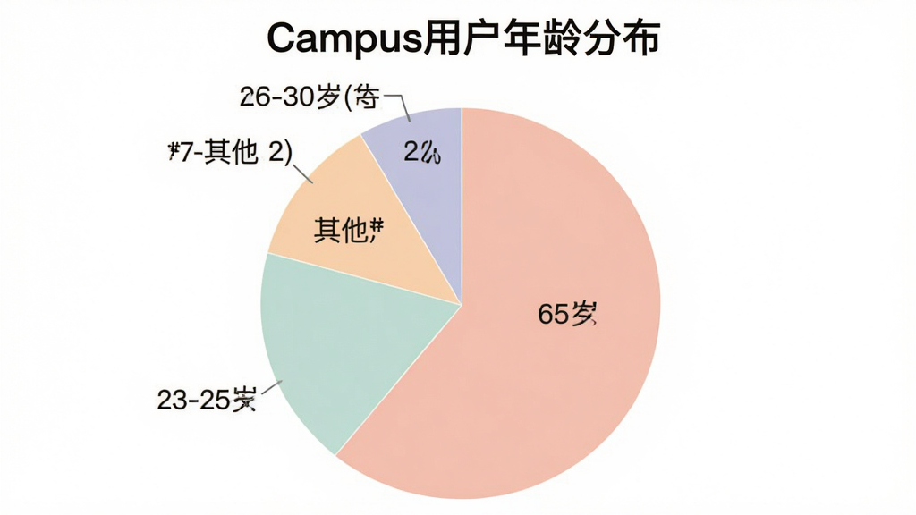 һ�ű�״ͼ��չʾ��Campus��App�û�����ηֲ���18-22��ռ65%��23-25��ռ25%��26-30��ռ8%������ռ2%����ɫ��ͣ�ͼ������������Ϊ��Campus�û�����ֲ���������Ϊ��ɫ�����ʸɾ����޶���Ԫ�ء�