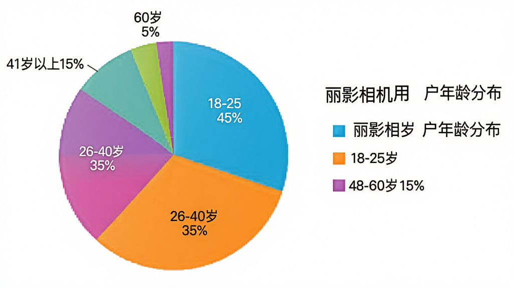主体:一张饼状图,展示“丽影相机”用户年龄分布,18-25岁占45%,26-40岁占35%,41-60岁占15%,60岁以上占5%。布局:饼状图居中,颜色鲜艳。排版:每个扇区标注百分比。风格:简洁的图表风格。细节:图例在右侧,标题为“丽影相机用户年龄分布”。画质:干净,无多余元素。