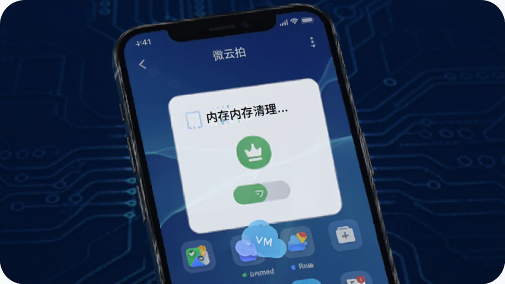 微云拍在手机后台运行时的内存占用示意图,手机屏幕上有内存清理的动画,显示占用内存小,背景为深蓝色科技感风格,画质干净无多余元素。