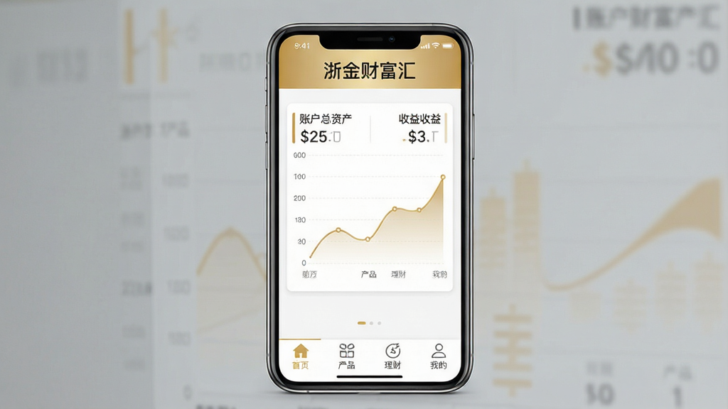 一张展示浙金财富汇APP在智能手机上运行的界面截图,主界面简洁明亮,以白色和金色为主色调,顶部显示“浙金财富汇”字样,中间是账户总资产和收益曲线图,下方有“首页”、“产品”、“理财”、“我的”四个底部导航栏图标,整体风格现代扁平,画质干净无多余元素。