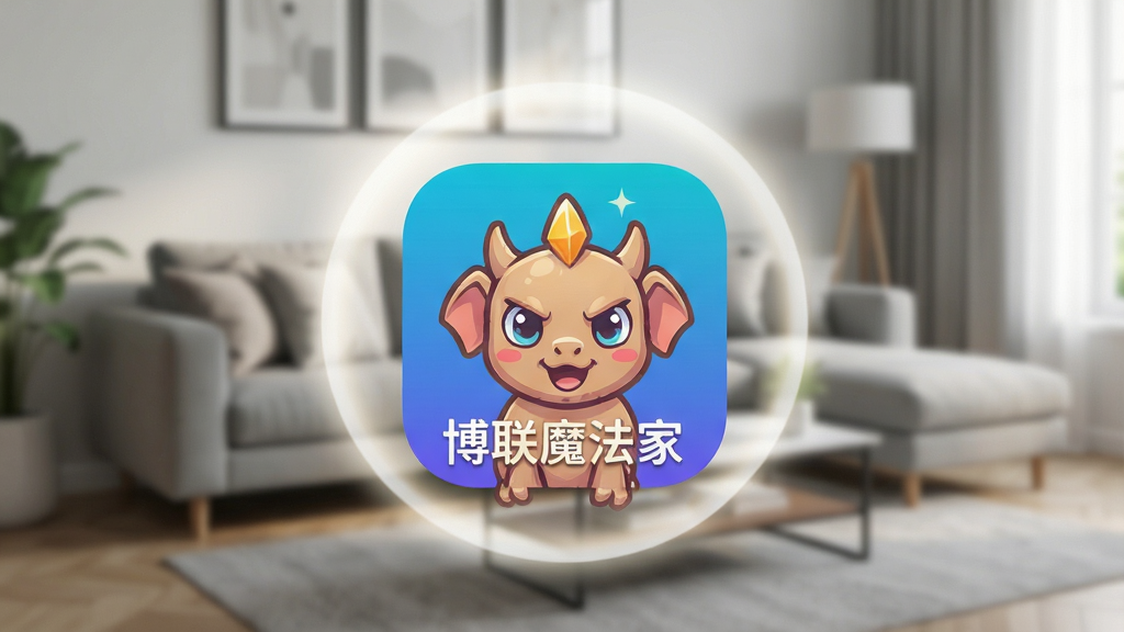 一张展示博联魔法家App在手机桌面上图标的截图,图标周围有圆形的高光效果,背景是模糊的客厅场景,布局简洁,风格现代,细节清晰,画质干净无多余元素。
