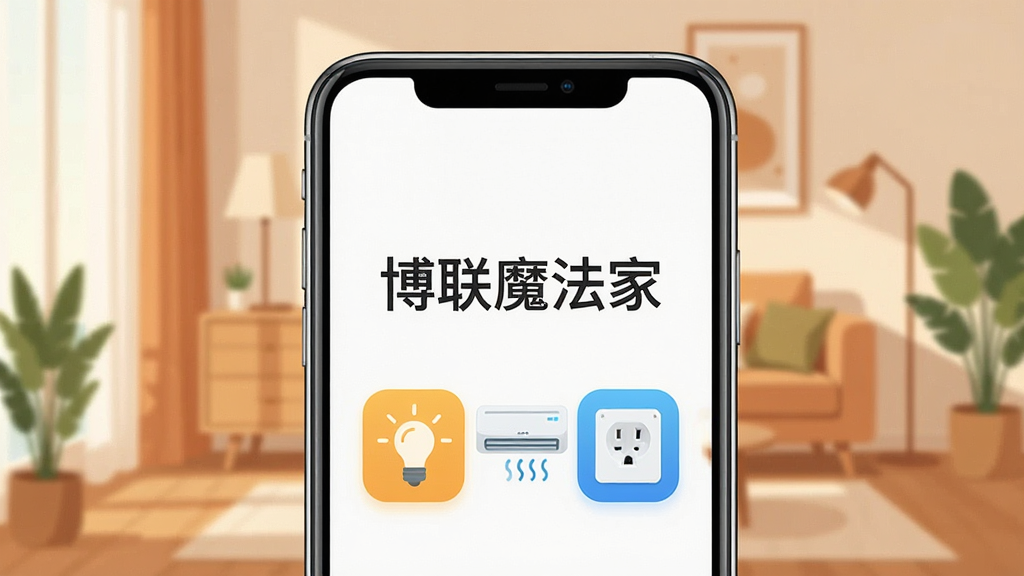 一张展示博联魔法家App在手机上运行的界面截图,手机屏幕中央显示“博联魔法家”字样和几个智能设备图标(灯泡、空调、插座),背景是温馨的客厅环境,布局简洁,风格现代扁平,细节清晰,画质干净无多余元素。