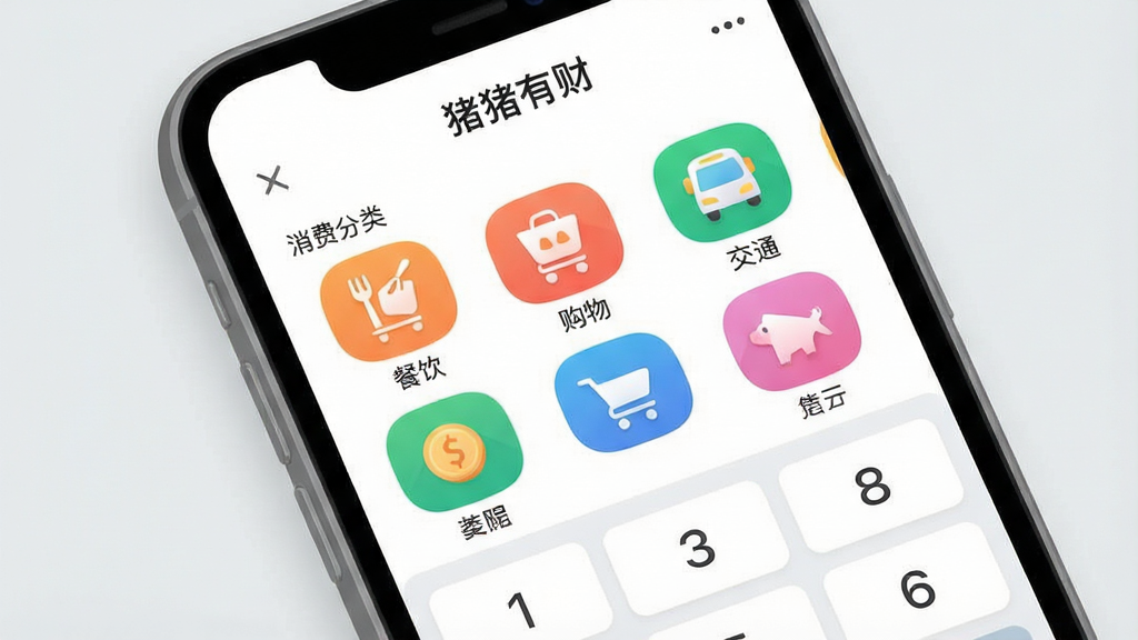 一张展示猪猪有财智能记账功能的示意图,主体为手机屏幕特写,界面显示记账输入页面,数字键盘上方有“猪猪有财”应用名称,消费分类图标排列整齐,包括餐饮、购物、交通等,每个图标颜色鲜艳,布局清晰,风格扁平化,细节圆润,背景为浅灰色,画质干净无多余元素。