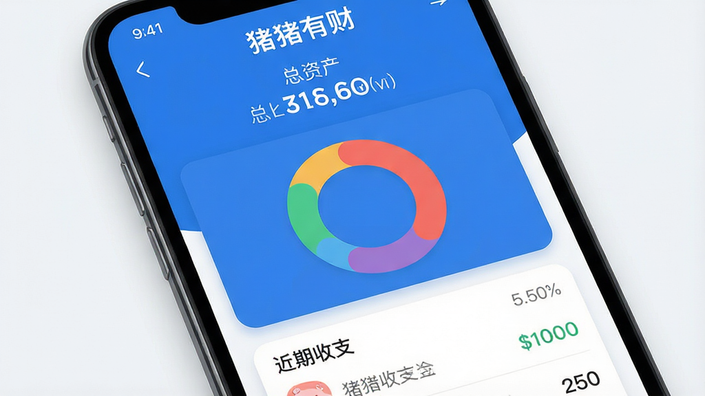 一张展示猪猪有财应用主界面的高清截图,主体为一部智能手机屏幕特写,屏幕内显示猪猪有财的首页概览,布局上方有“猪猪有财”字样和总资产数字,中间是彩色环形统计图,下方是近期收支列表,整体排版简洁直观,风格现代扁平化,以蓝色和白色为主色调,细节包含圆角卡片和柔和阴影,画质干净无多余元素。