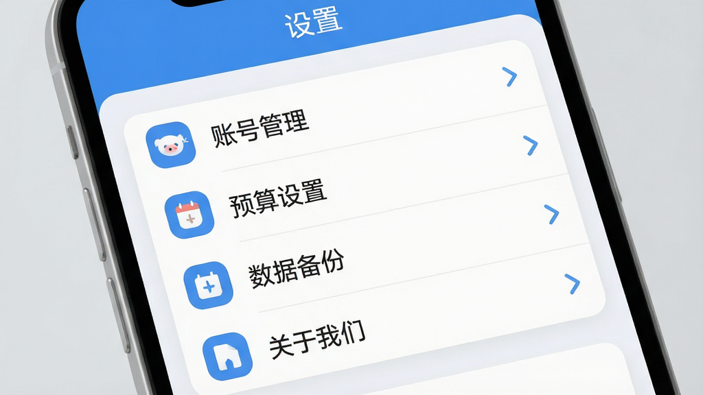一张展示猪猪有财设置界面的截图,主体为手机屏幕特写,界面显示“设置”选项列表,包含账号管理、预算设置、数据备份、关于我们等条目,每条左侧有对应图标,右侧有箭头,布局清晰,风格扁平化,以蓝色和白色为主,细节圆润,背景为浅灰,画质干净无多余元素。