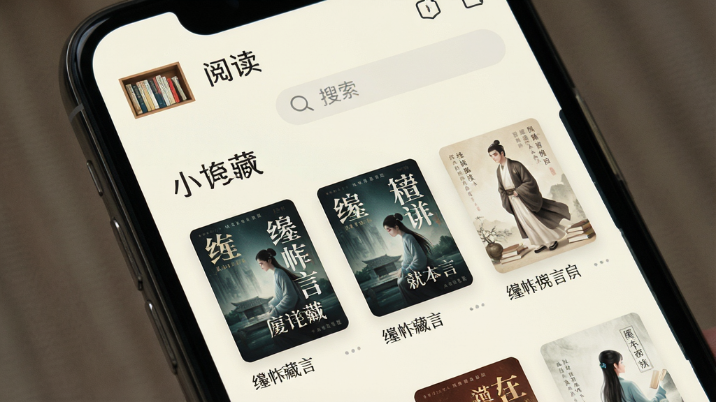 一张手机屏幕的特写,屏幕中显示一款名为“缃帙藏言”的小说阅读软件,界面清爽,以米白色为底色,顶部有书架和搜索栏,中间展示几本小说的封面和标题,排版整齐,风格极简,画质干净,无多余元素。