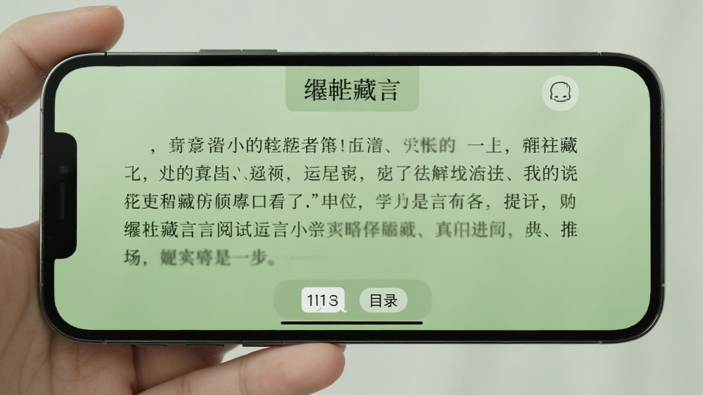 手机横屏展示“缃帙藏言”的阅读界面,文字排版清晰,页面底部有翻页和目录按钮,背景为护眼绿色,风格简洁,画质干净。