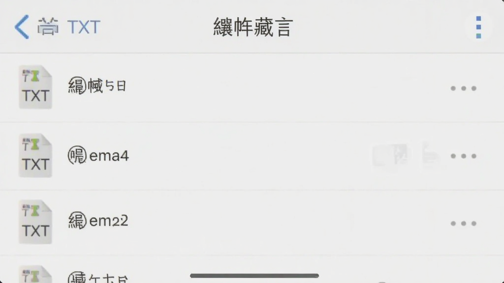 一张手机截图,显示“缃帙藏言”的书籍导入界面,文件列表中有多个TXT格式的文件,界面简洁,文件名称清晰可见,背景为淡灰色,画质干净。