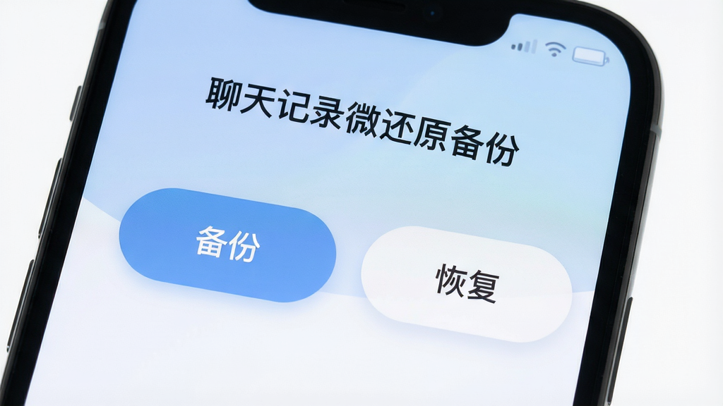 一张智能手机屏幕特写,屏幕中显示“聊天记录微还原备份”软件主界面,界面简洁干净,有“备份”和“恢复”两个大按钮,背景是柔和的蓝白色渐变,风格现代扁平,细节圆润,画质干净无多余元素。