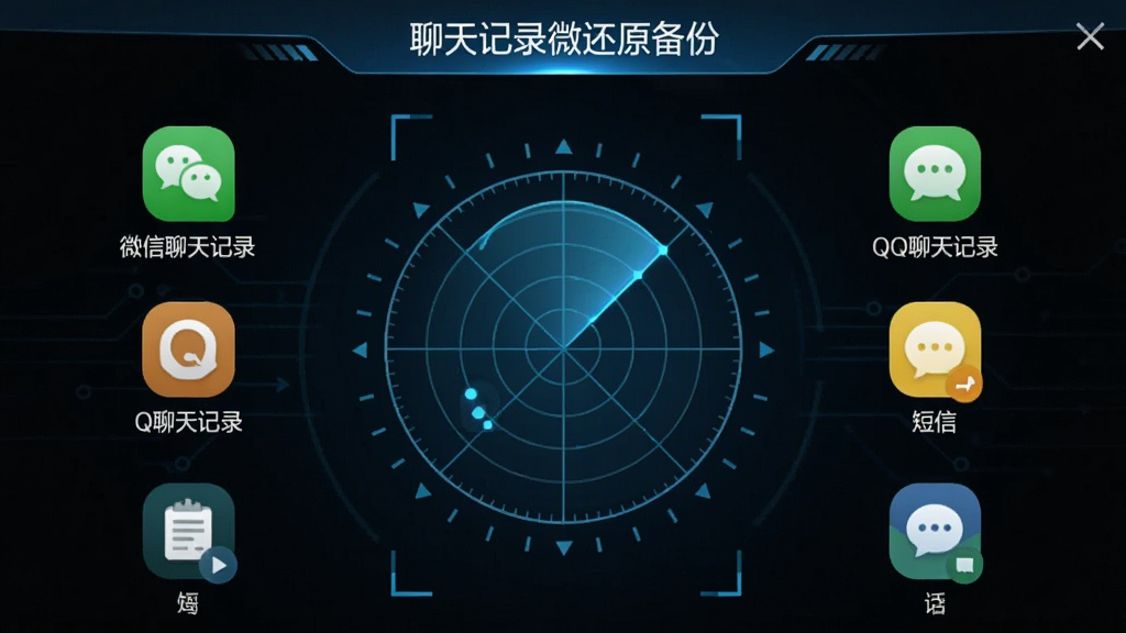 一张手机屏幕截图,显示“聊天记录微还原备份”软件正在扫描手机数据的界面,扫描动画是一个雷达图,周围有“微信聊天记录”“QQ聊天记录”“短信”等图标,界面风格科技感强,蓝黑色调,画质干净无多余元素。