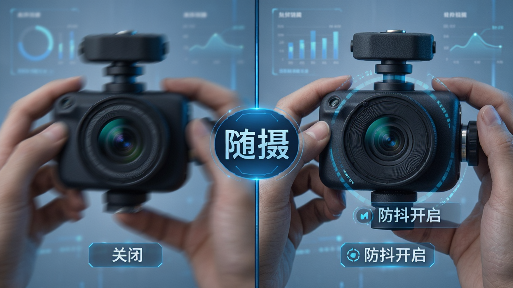主体:展示随摄防抖功能的对比画面,左边画面模糊抖动,右边画面平稳清晰;布局:左右分屏对比,中间有“随摄”标识;排版:科技感强,数据可视化;风格:现代科技风格,蓝色调为主;细节:右侧画面标注“防抖开启”字样,左侧标注“关闭”;画质:高解析度,边缘锐利,无多余元素。