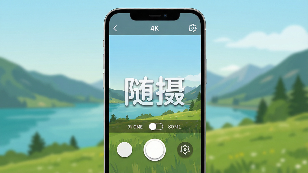 主体:手机屏幕显示随摄拍摄界面,背景为户外自然风景,画面中央有“随摄”文字水印;布局:主界面清晰展示拍摄按钮、模式切换和设置图标;排版:简洁现代,图标圆润;风格:扁平化设计,色彩明亮清新;细节:按钮有轻微阴影,界面文字清晰可读;画质:4K超清,干净无多余元素。