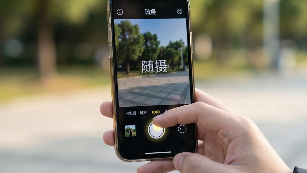 主体:一只手拿着手机在户外拍摄视频,屏幕显示随摄简洁界面;布局:中心构图,手指轻触快门按钮;排版:画面干净,突出操作手势;风格:写实摄影风格,自然光线;细节:屏幕上有“随摄”字样,按钮有高光反馈;画质:高清晰度,背景虚化,无多余元素。