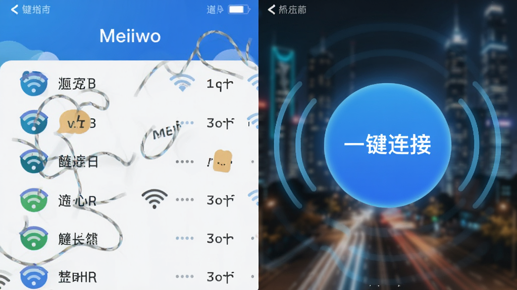 չʾ��Meiiwo��Ӧ�õ�һ�����ӹ��ܣ������Ϊ���������֣�������������µ�WiFi�б����ұ���һ���޴����ɫԲ�ΰ�ť������д�š�һ�����ӡ�����ť��Χ���źŲ��ƶ�����������ģ���ĳ���ҹ����������Ƽ���ʮ�㣬ͻ����Meiiwo���ı���ԡ�