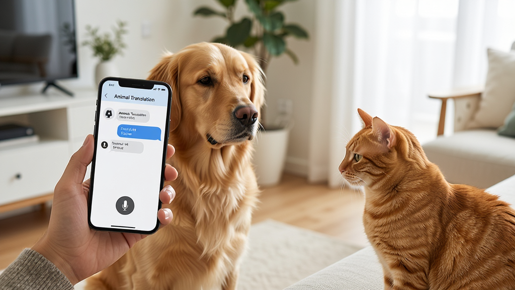 һ�ų�����ܰ��Χ�����ڳ��������������ֻ���Animal TranslationӦ�ã���������ǰһֻ��ëȮ��һֻ��è���ֻ���Ļ����ʾ��Animal Translation���ķ�����棬��������˷簴ť���������ݣ�����ִ���Լ��ϸ�ڸɾ������ʸ��壬�޶���Ԫ�ء�