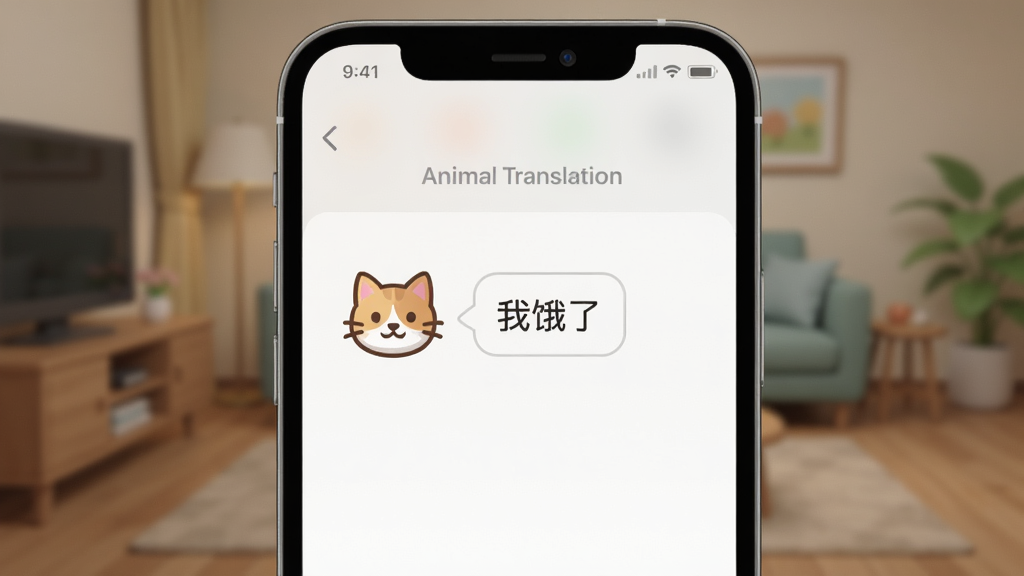 һ������Ӧ�ý�����д����Ļ������ʾAnimal Translation�ķ�����ҳ�棬һ����ͨèͷͼ���Ա��С��Ҷ��ˡ����������ݣ�������ģ�������ڿ������������ƽ����ɫ����ͣ����ʸɾ����޶���Ԫ�ء�