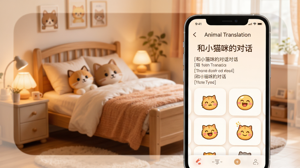 �ֻ���ĻչʾAnimal Translation�ķ���ҳ�棬�����С���Сè��ĶԻ������⣬�����Ƿ����¼�ͱ������Ƭ����������ܰ�����ң��������Բ��ɫ����ů�������������޶���Ԫ�ء�