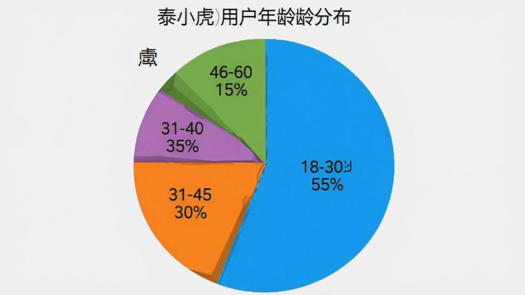 一个饼状图,展示泰小虎用户年龄分布,18-30岁占55%,31-45岁占30%,46-60岁占15%,图表配色鲜艳,清晰标注百分比,背景为浅灰色,图表风格简洁,无多余装饰。