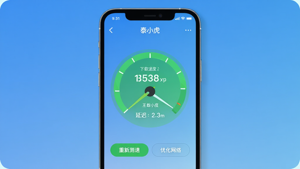 手机屏幕显示“泰小虎”应用的测速结果页面,页面中央是一个大大的绿色速度仪表盘,显示下载速度数值和延迟毫秒数,下方有“重新测速”和“优化网络”两个按钮,背景是简洁的渐变蓝色,画面干净,风格扁平化,突出测速功能。