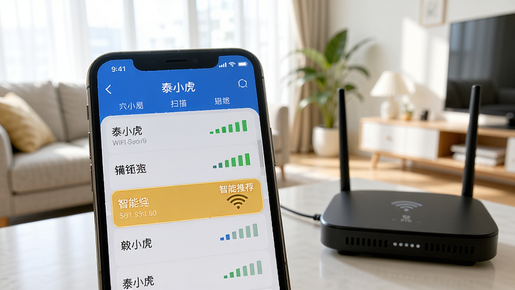 一张特写图片,手机屏幕显示“泰小虎”应用正在扫描附近WiFi列表,界面上有多个WiFi名称和信号格图标,其中一个WiFi被高亮标记并显示“智能推荐”标签,手机一侧放置一个小型路由器,背景是明亮的客厅,光线充足,画面干净,风格写实,突出应用的功能。