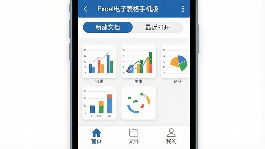图片中展示一部智能手机,屏幕上打开着“Excel电子表格手机版”的主界面,界面以蓝白配色为主,顶部显示“新建文档”和“最近打开”,中间是几个彩色图表缩略图,底部有“首页”、“文件”、“我的”三个标签,整体风格扁平化,细节圆润,画质干净无多余元素,突出软件名称“Excel电子表格手机版”。