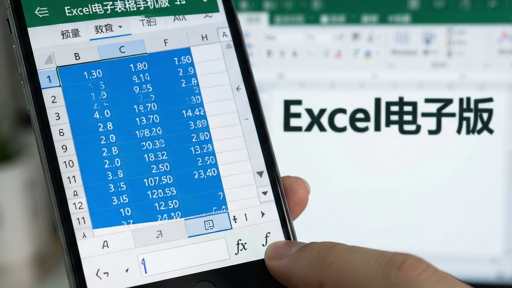 一张智能手机的屏幕特写,画面中显示“Excel电子表格手机版”的编辑界面,表格中填充着蓝色数据,底部有函数输入框和“fx”按钮,手指正在拖拽单元格右下角的填充柄,背景虚化,突出软件名称“Excel电子表格手机版”。