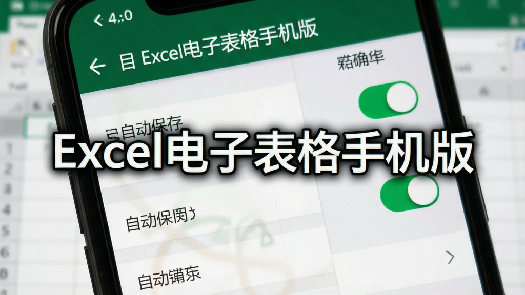 一张智能手机的截图,显示“Excel电子表格手机版”的设置界面,其中“自动保存”开关是开启状态,背景是模糊的表格界面,突出软件名称“Excel电子表格手机版”。